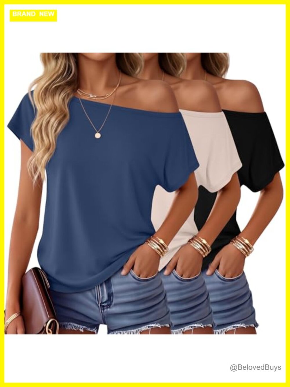 3 Pack Off The Shoulder Boat Neck Short Sleeve T-Shirts Loose Fit Tunic Tops